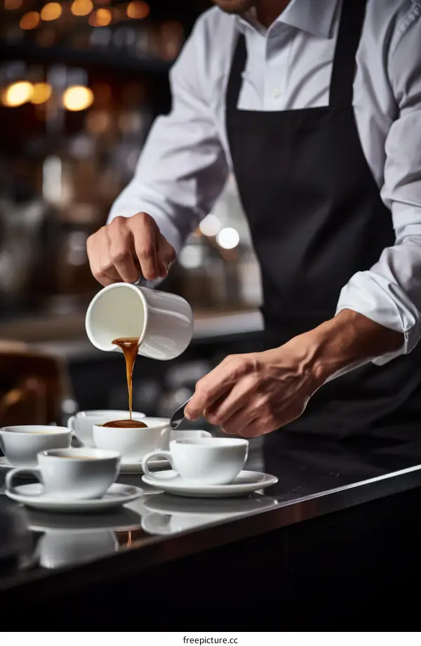 Barista pouring hot chocolate into white cups