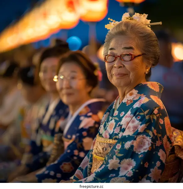 A group of elderly Japanese women wearing traditional kimonos