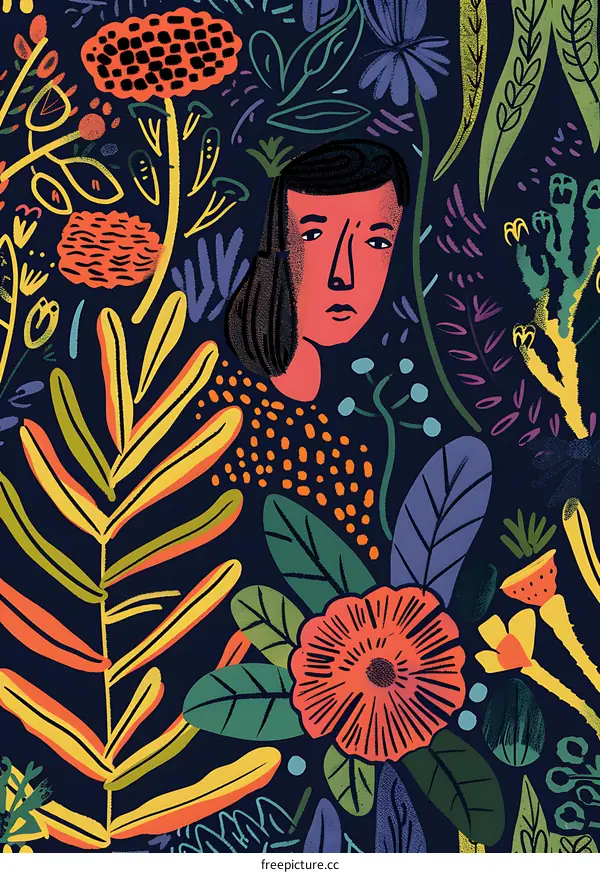 Woman with Flowers in Her Hair Illustration