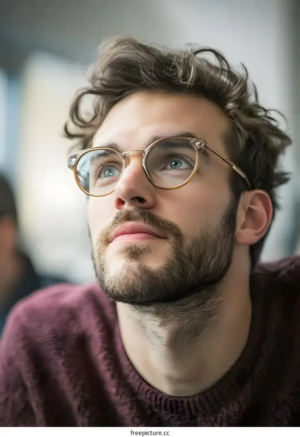 Close Up Portrait of a Young Man With Glasses Looking Up