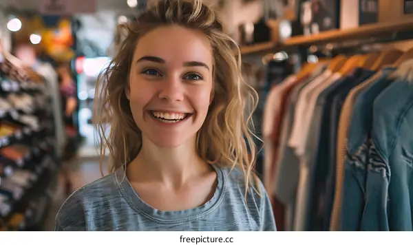 Happy Young Woman Smiling in Clothing Store