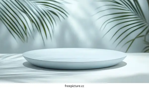 Pastel Blue Product Display Platform with Palm Leaves