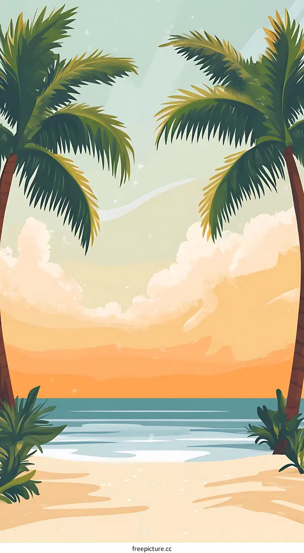 Tropical Beach Sunset with Palm Trees
