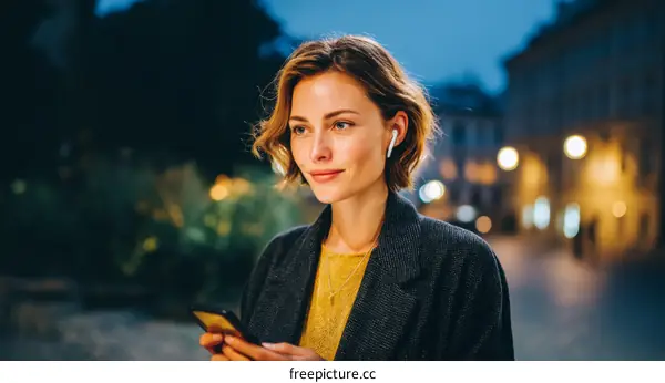 Woman using smartphone at night in city