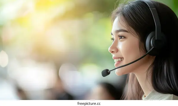 Asian Woman Wearing Headset Smiling Profile View
