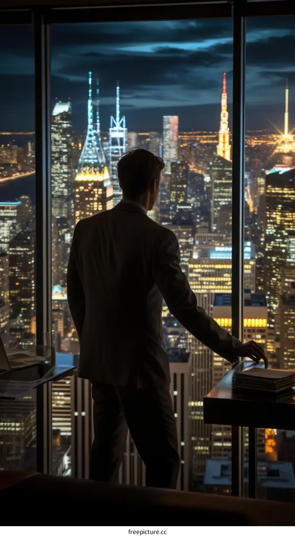 Businessman looking at the night city from the office window