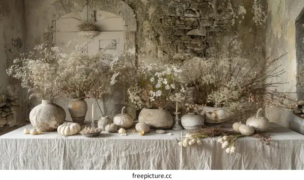 Dried Flowers, Fresh Blooms, and Gourds on a Rustic Table