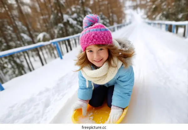 A Girl Sledding in a Snowy Winter Landscape