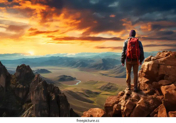 Man on top of a mountain looking at the sunset