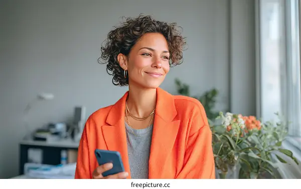 Thoughtful Woman in Orange Coat by the Window