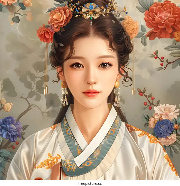 Elegant Asian Woman in Traditional Hanbok Dress with Flowers
