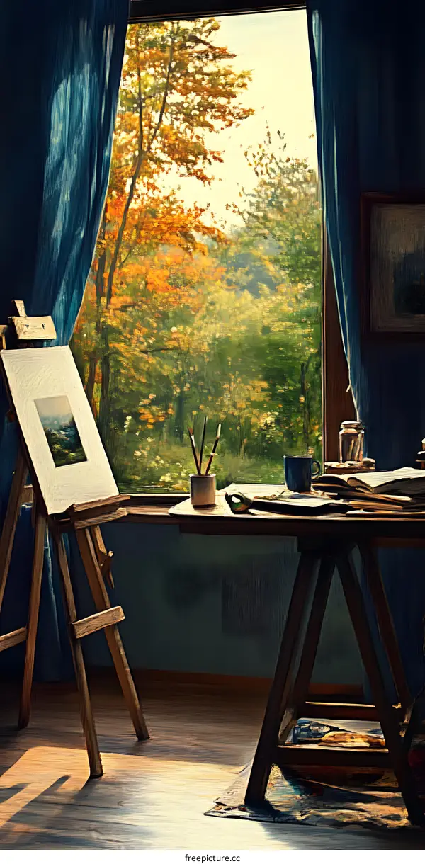 Painting Artwork On Easel With View Of Autumn Trees