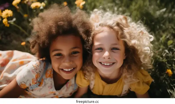 Two young girls with curly hair smiling in a field of flowers