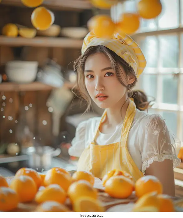 Asian Woman Preparing Oranges in Modern Kitchen