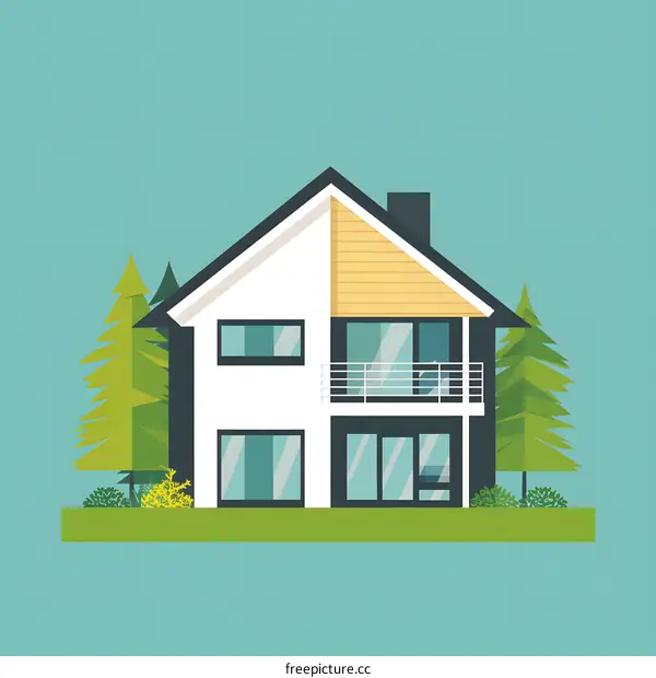 Modern House With Green Trees Illustration