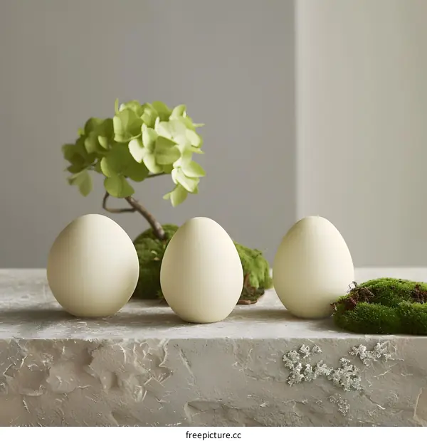 White Eggs on Stone Surface with Green Plant