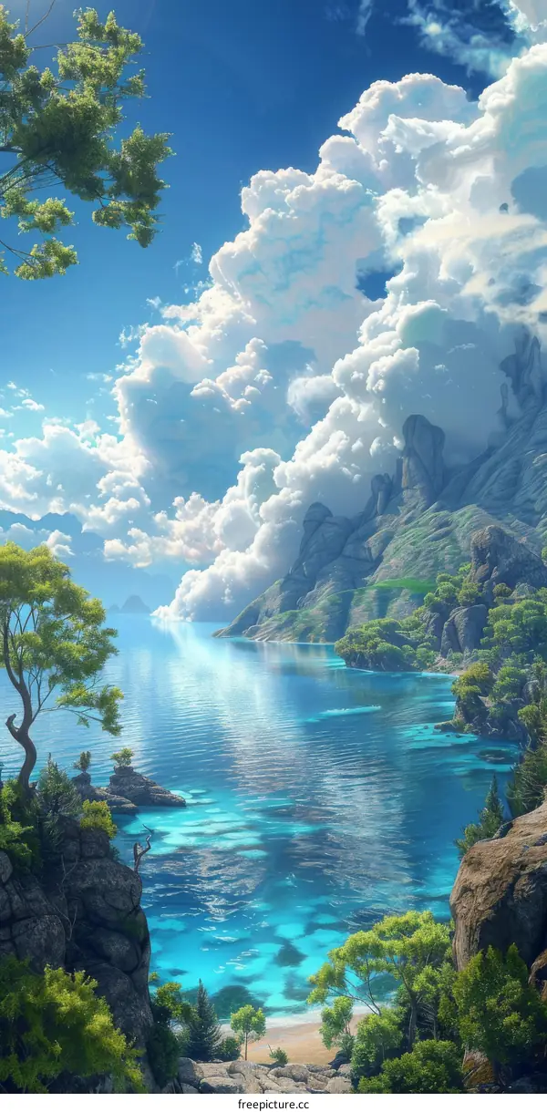 Serene Coastal Paradise Landscape Illustration