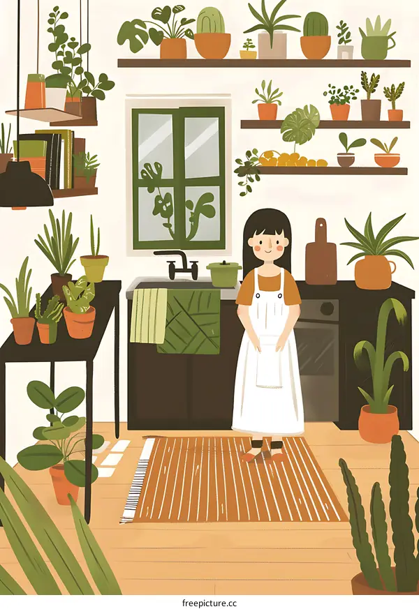 Girl in a Kitchen with Plants and a Window