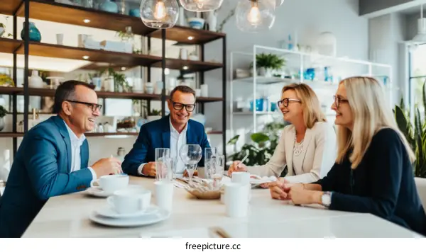 Four people are sitting around a table and talking happily