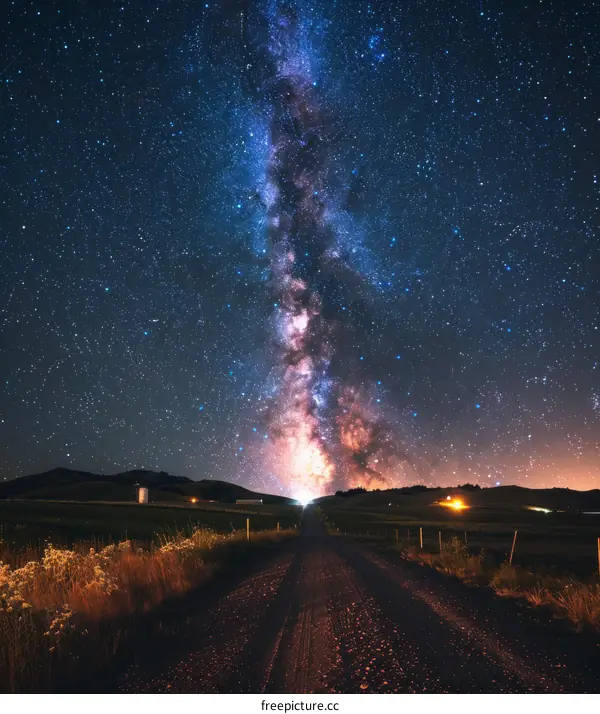 Country road at night with a beautiful view of the milky way.