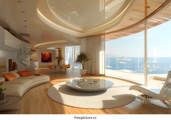 Modern Living Room with Ocean View and Curved Ceiling