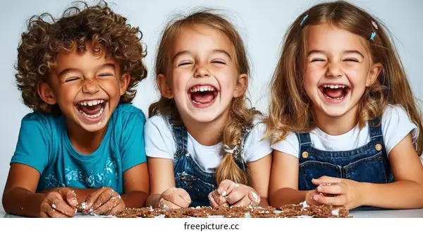 Three Children Laughing with Joyful Expressions