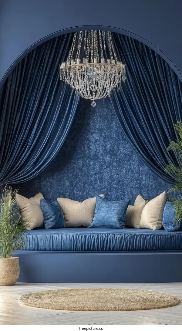 Elegant Blue Seating Area with Crystal Chandelier