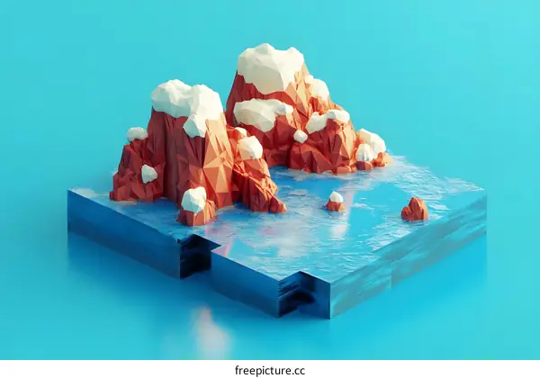 Low Poly 3D Illustration of an Island with Mountains and Ocean