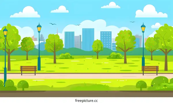 Green City Park With Benches And Lamp Posts