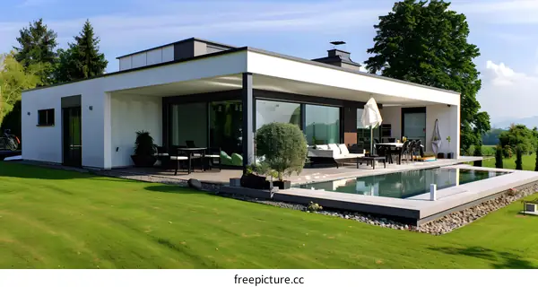 Modern White House with Swimming Pool and Green Lawn