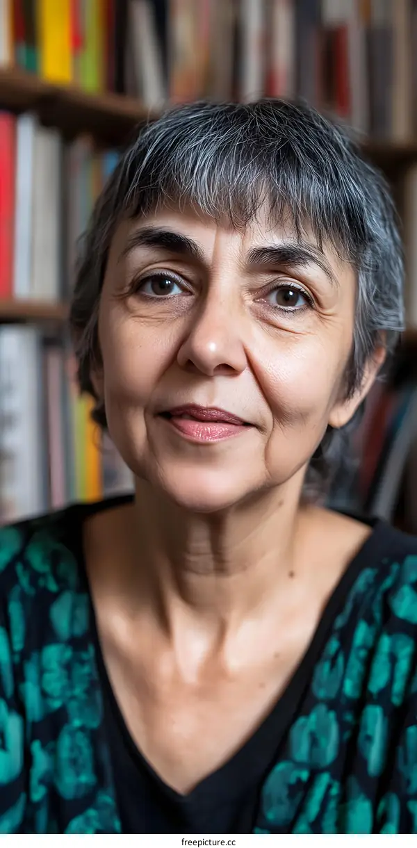 Close Up Portrait of an Older Woman With Grey Hair in a Library