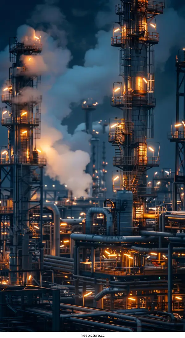Night View of an Oil Refinery with Bright Lights and Smoke