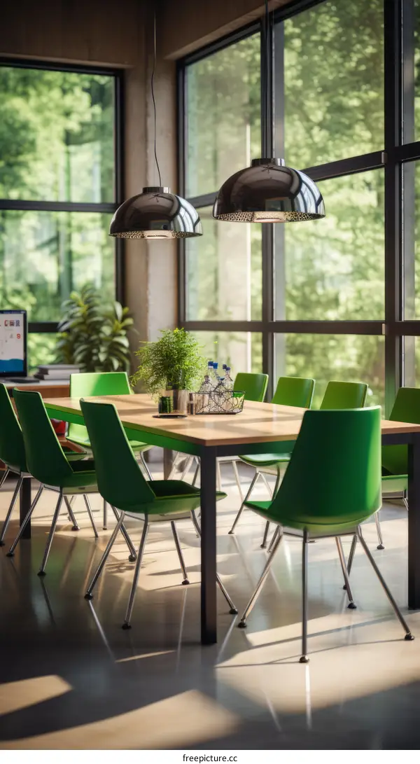 Modern office interior with green chairs and large windows