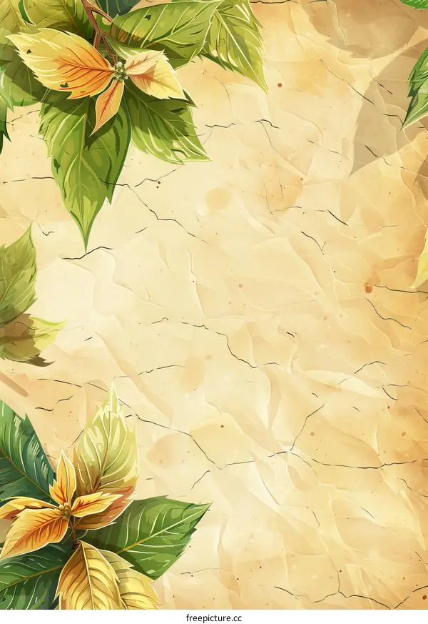 Green leaves and yellow flowers on a beige background