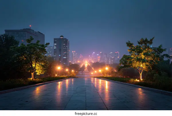 Night Cityscape Pathway with Illuminated Trees and Buildings