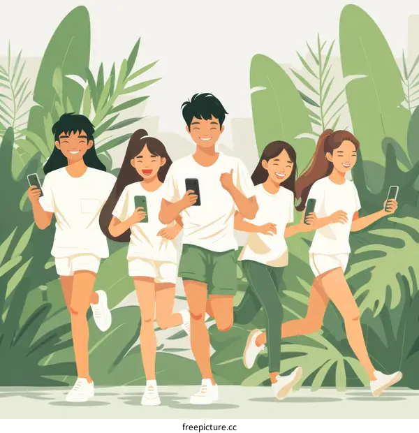 Group of friends running in a park while using their phones