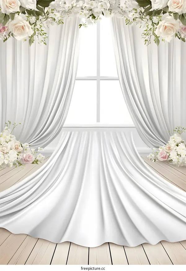 White Curtains With Floral Decor And Draped Fabric