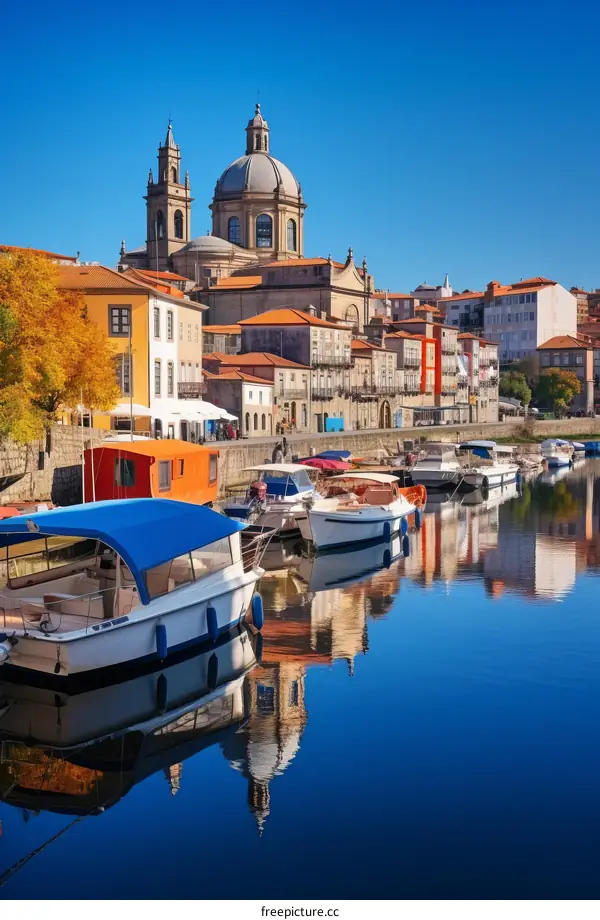 Colorful Buildings and a Church by the River
