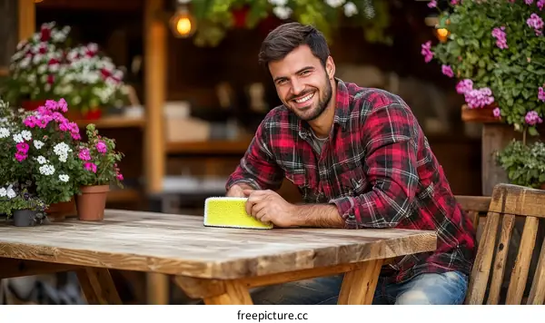 Smiling Man Polishing Wooden Table Outdoors