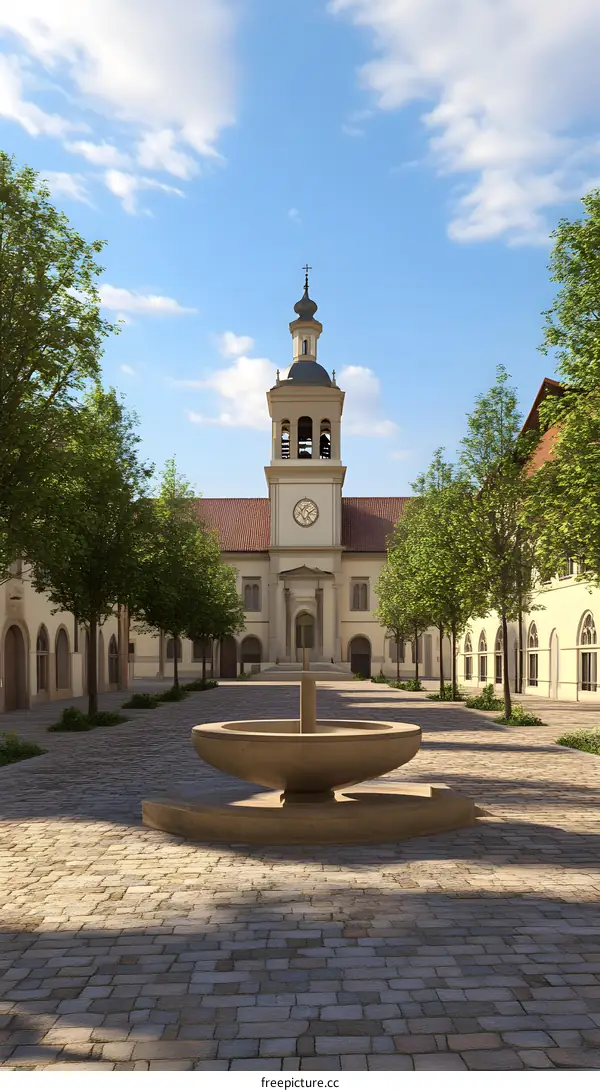 Classic Church Courtyard with Fountain