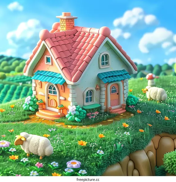 A cute cottage in the countryside with sheep