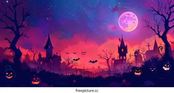 Spooky Halloween Night with a Full Moon and Haunted Houses