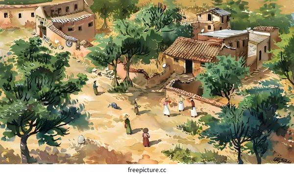 Watercolor Painting of a Rural Village with People