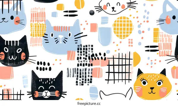 Cute Cats Seamless Pattern With Abstract Shapes