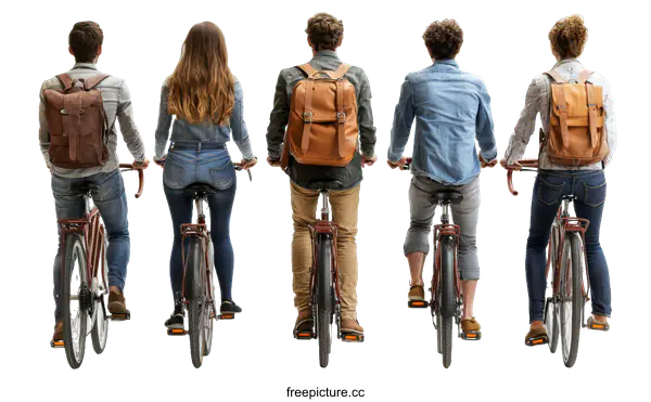 [Transparent Background PNG]Group of Diverse People Cycling Backwards