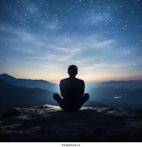Man Meditating on a Mountaintop at Night