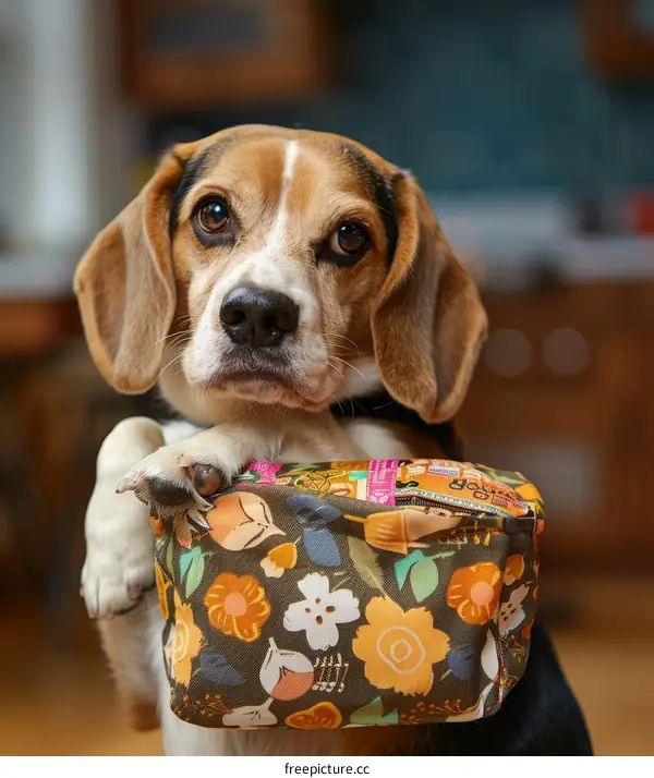A beagle dog wearing a floral fanny pack