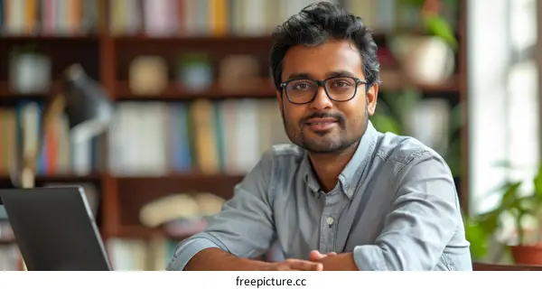 Portrait of a young Indian male professional smiling in front of a bookshelf