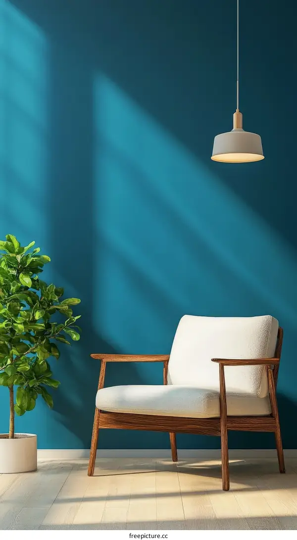 Modern Living Room with Teal Wall and Wooden Armchair