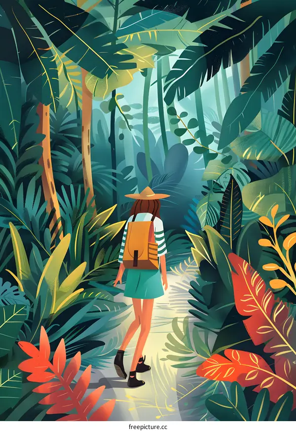 Woman Walking Through Lush Tropical Jungle